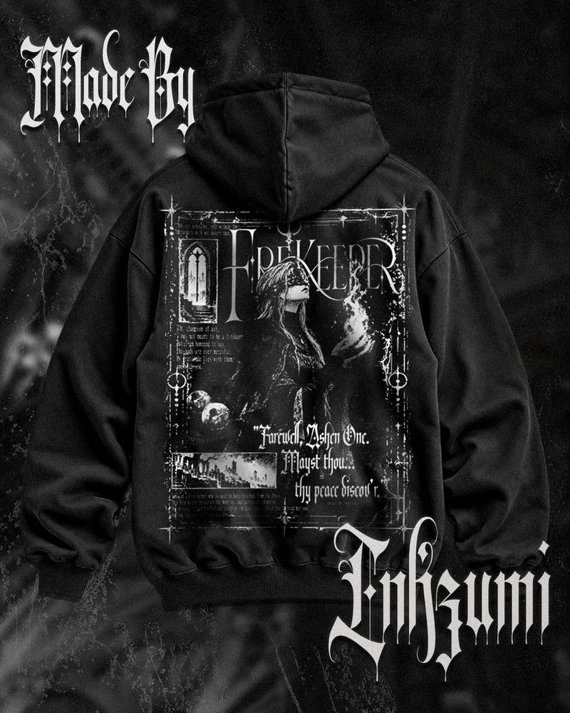 Back of a black heavyweight hoodie with a grey and white print of a blindfolded maiden holding a flame, titled 'Firekeeper'
